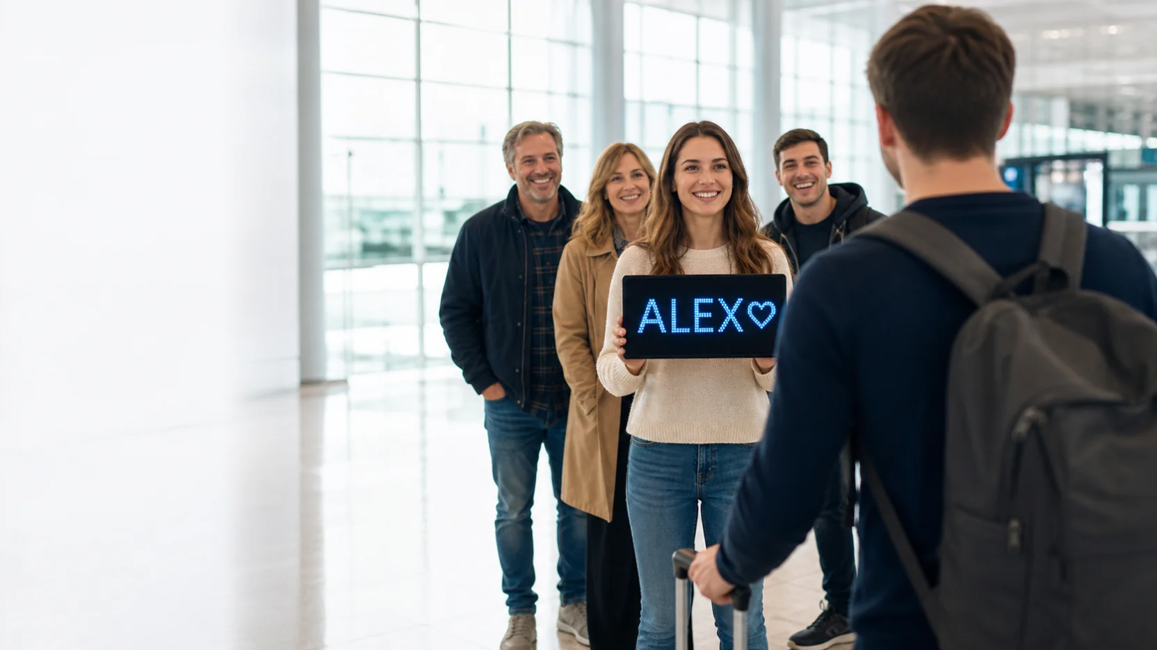 Woman welcoming her partner at airport arrivals with an LED tablet sign that says Alex